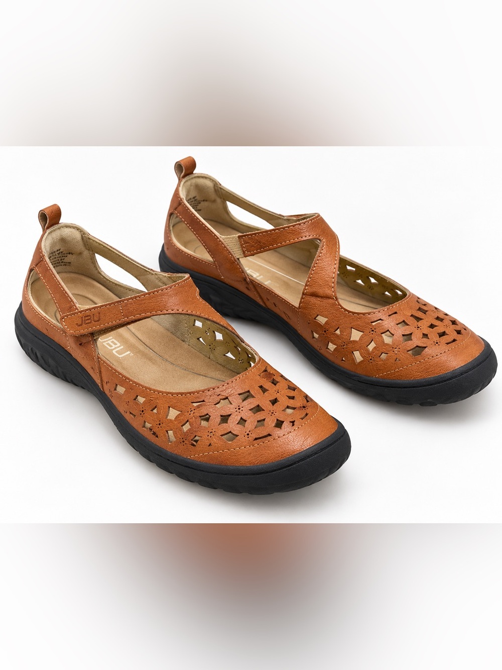 JBU Women's Tan Laser-Cut Mary Jane Flats